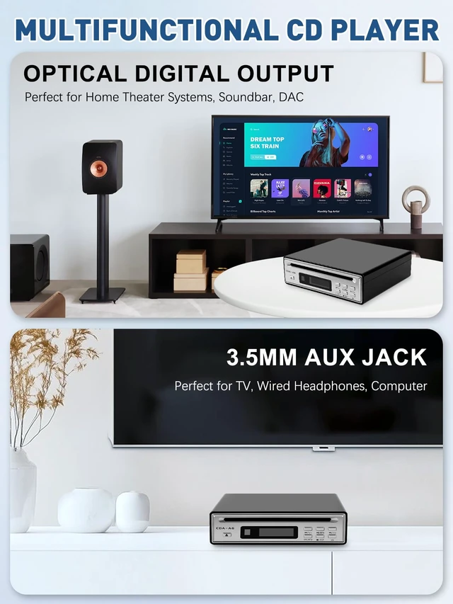 Alt view image 5 of 7 - HiFi CD Player for Home, CD Ripper, Bluetooth Car CD Player with USB Ripping, Rip CD to USB, External High-Fidelity Player for Car with Optical, AUX outputs, Bluetooth Transmitter/Receiver