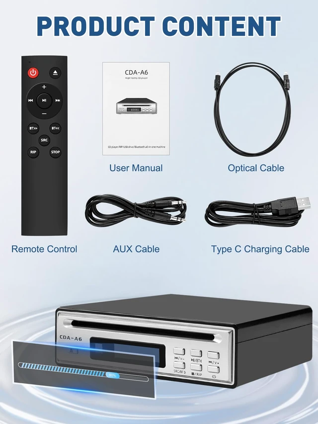 Alt view image 7 of 7 - HiFi CD Player for Home, CD Ripper, Bluetooth Car CD Player with USB Ripping, Rip CD to USB, External High-Fidelity Player for Car with Optical, AUX outputs, Bluetooth Transmitter/Receiver