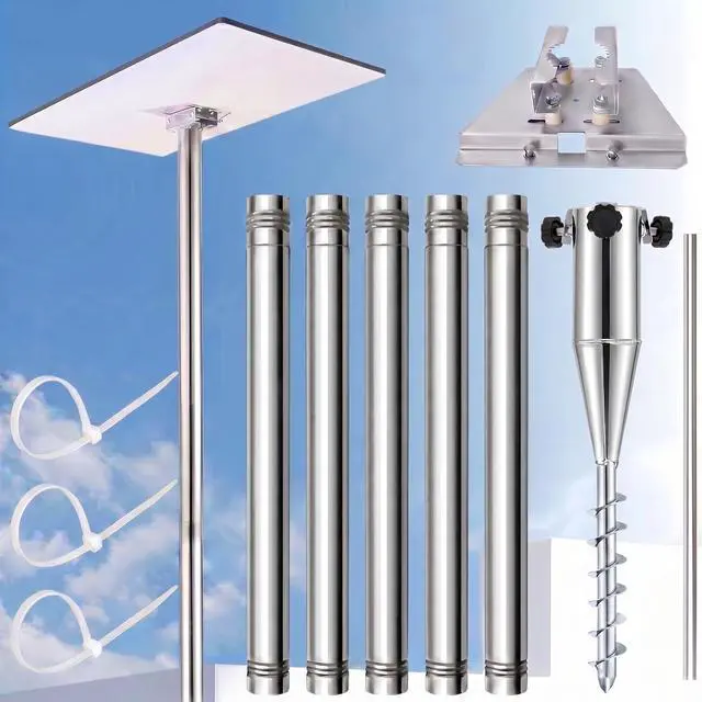 Main image of Standard Starlink 4/4X Pole Mount, 10Ft Gen 3/4 Ground Pole Mount Kit | 1.5" stainless steel pole, 5 threaded sections, 20.4" no-dig spiral anchor, pipe adapter, driving rod, portable, adjustable