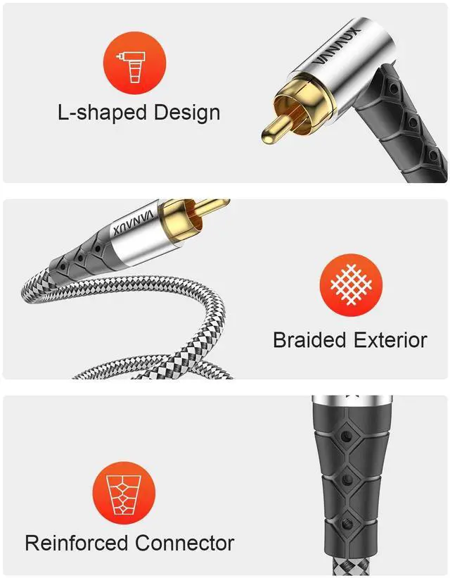 Alt view image 3 of 6 - Subwoofer Cable 90 Degree RCA to RCA Audio Stereo Cable Male to Male 24K Gold Plated Connector Nylon Braided Double Shielded Clean Sounding Signal Silver/15ft/4.6m