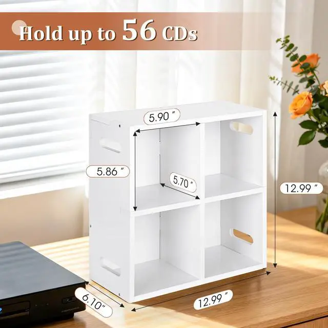 Alt view image 2 of 7 - CD Holder Rack, Store up to 56 CDs Cases | Stackable & Wall Mountable CD Storage Display Shelf, CD Organizer Tower for Home Office, Ideal for Music Enthusiasts - White
