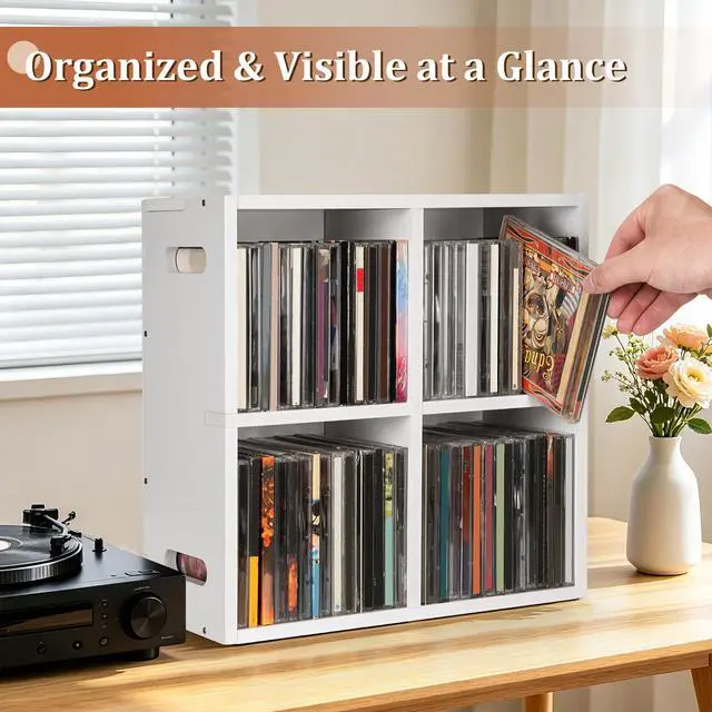 Alt view image 7 of 7 - CD Holder Rack, Store up to 56 CDs Cases | Stackable & Wall Mountable CD Storage Display Shelf, CD Organizer Tower for Home Office, Ideal for Music Enthusiasts - White