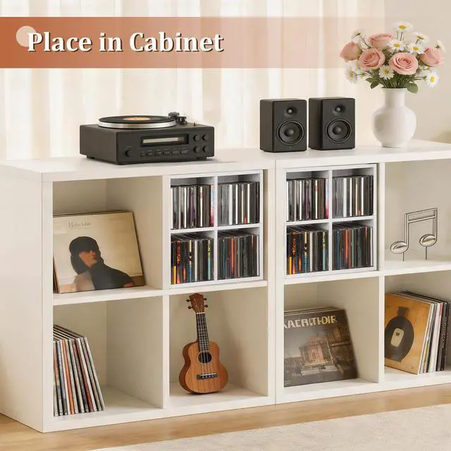 Alt view image 5 of 7 - CD Holder Rack, Store up to 56 CDs Cases | Stackable & Wall Mountable CD Storage Display Shelf, CD Organizer Tower for Home Office, Ideal for Music Enthusiasts - White