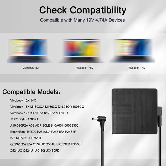 Alt view image 4 of 7 - 90W Laptop Charger Compatible with Asus Vivobook 15X 14X 16X 17X K1703Z M1703Q M1603Q D1603Q Y1603C ExpertBook B1500 P2451F P751J Asus Q529Z Q524U Q534U UX533F UX480F Power Cord ADP-90LE B
