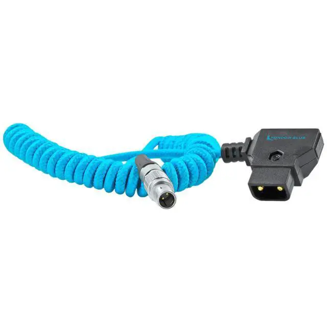 Alt view image 2 of 4 - Coiled D-Tap to 2-Pin LEMO 0B Male Power Cable | 16-36 Inch, Nylon Braided, Right-Angle D-Tap, for Blackmagic Pyxis 6K, SmallHD, Teradek, Z CAM | Blue