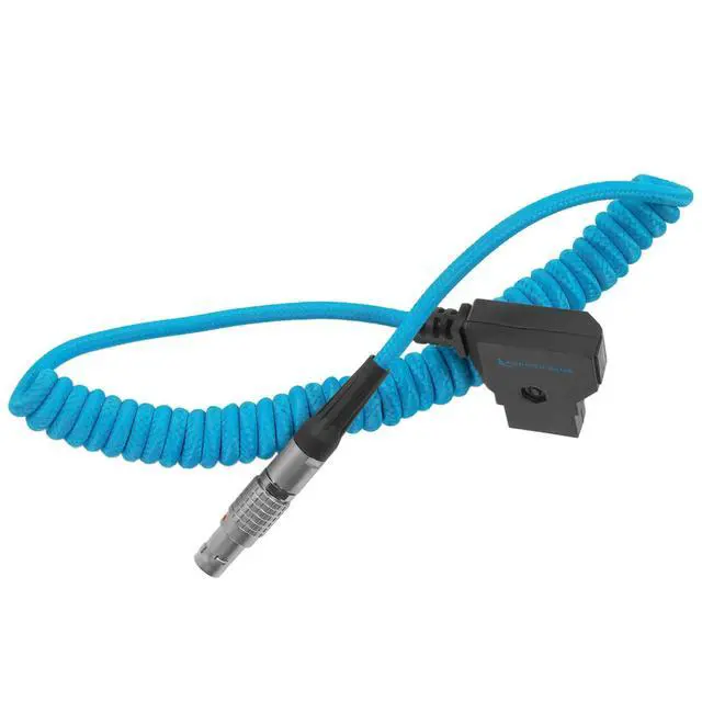 Alt view image 3 of 4 - Coiled D-Tap to 2-Pin LEMO 0B Male Power Cable | 16-36 Inch, Nylon Braided, Right-Angle D-Tap, for Blackmagic Pyxis 6K, SmallHD, Teradek, Z CAM | Blue