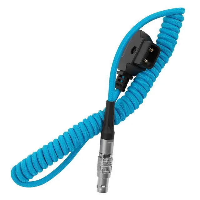 Alt view image 4 of 4 - Coiled D-Tap to 2-Pin LEMO 0B Male Power Cable | 16-36 Inch, Nylon Braided, Right-Angle D-Tap, for Blackmagic Pyxis 6K, SmallHD, Teradek, Z CAM | Blue