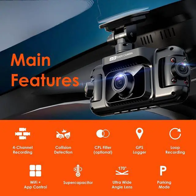 Alt view image 2 of 7 - USA R4-4 Channel Dash Cam W/All Around 1080p Resolution, Wi-Fi, GPS, IR Night Vision, Parking Mode, Collision Detection, Type-C Port