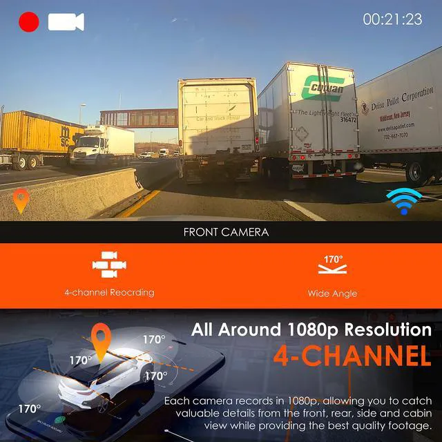 Alt view image 3 of 7 - USA R4-4 Channel Dash Cam W/All Around 1080p Resolution, Wi-Fi, GPS, IR Night Vision, Parking Mode, Collision Detection, Type-C Port