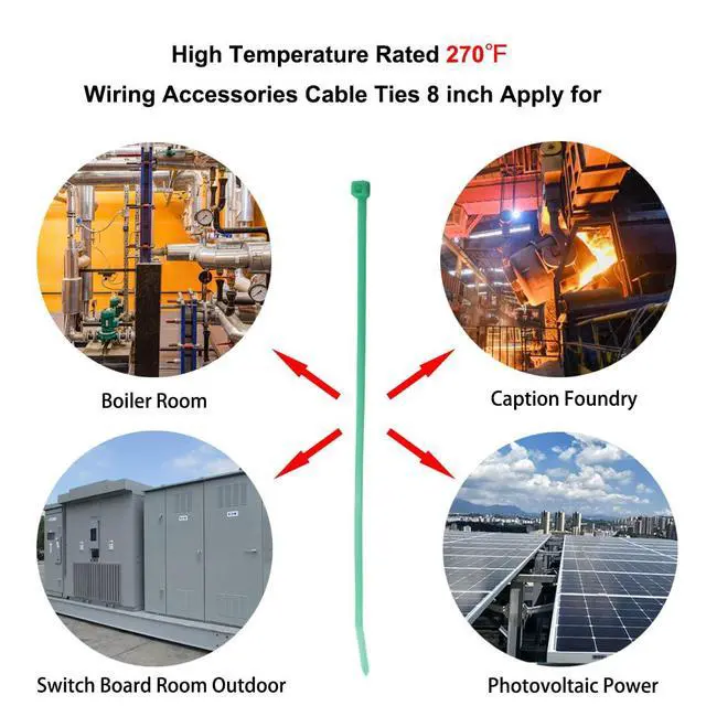 Alt view image 6 of 6 - Extreme High Heat Resistant Cable Zip Ties 8 Inch Heavy Duty Green Zipties 100pcs,Weather Proof Plastic Tie Wraps Heat Stabilized 40 Pounds Tenstil Strength for Duct,Apply to Temp 266 Degree F