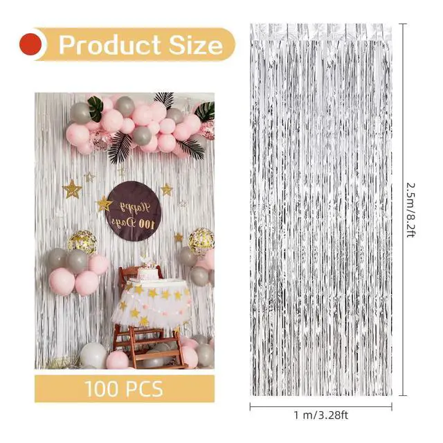Alt view image 3 of 7 - 100 Pack Silver Foil Fringe Backdrop Curtains 3.2ft x 8.2ft Silver Tinsel Foil Fringe Curtains for Birthday Party Decorations Photo Booth Backdrop for Halloween Christmas New Year Holiday Decorations