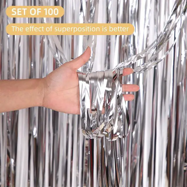 Alt view image 2 of 7 - 100 Pack Silver Foil Fringe Backdrop Curtains 3.2ft x 8.2ft Silver Tinsel Foil Fringe Curtains for Birthday Party Decorations Photo Booth Backdrop for Halloween Christmas New Year Holiday Decorations