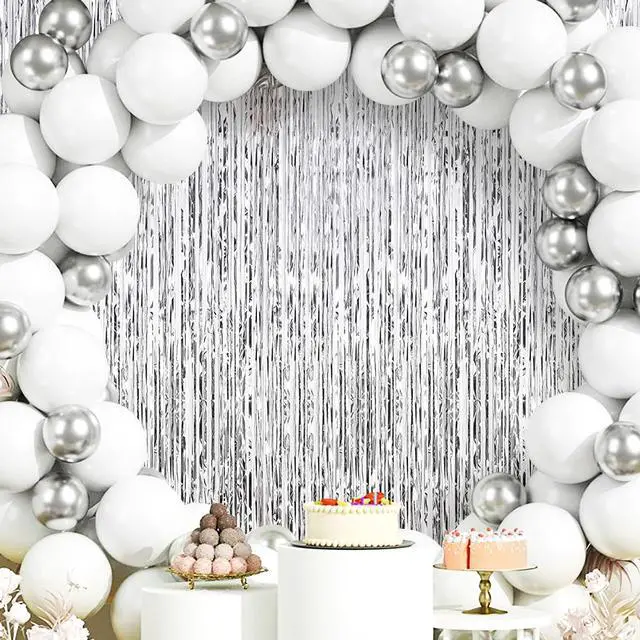 Alt view image 7 of 7 - 100 Pack Silver Foil Fringe Backdrop Curtains 3.2ft x 8.2ft Silver Tinsel Foil Fringe Curtains for Birthday Party Decorations Photo Booth Backdrop for Halloween Christmas New Year Holiday Decorations