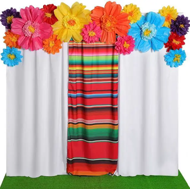 Main image of 19 Pcs Mexican Fiesta Decorations Set Mexican Paper Flowers Polyester Backdrop Curtains Backdrop Fiesta Party Decorations Supplies Set for Cinco De Mayo Party Wedding Birthday (White,Flower)