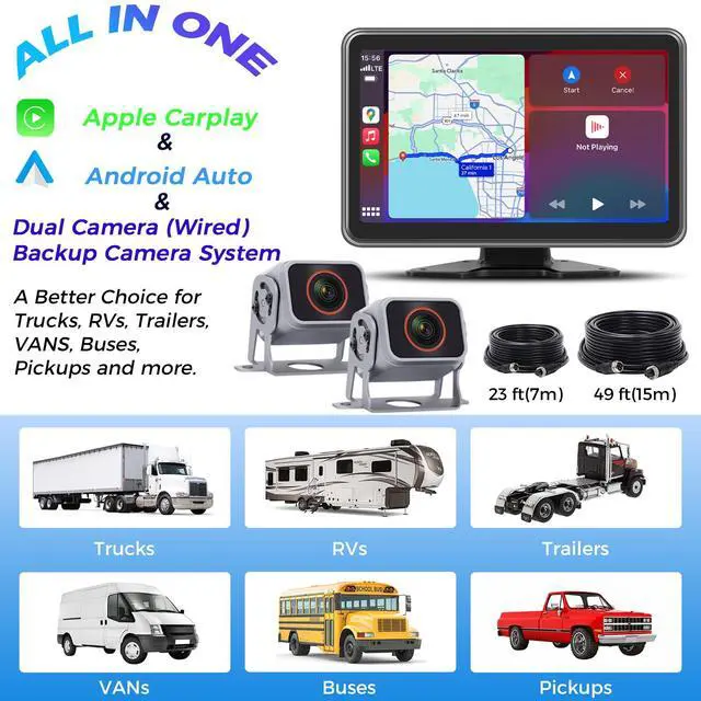 Alt view image 7 of 7 - Truck RV Camera System with CarPlay & Android Auto,10'' Touch Screen Monitor with Recording & Voice Control & Navigation, 2 HD1080P Wired Rearview Backup Camera for Semi Trucks, RVs, Trailers