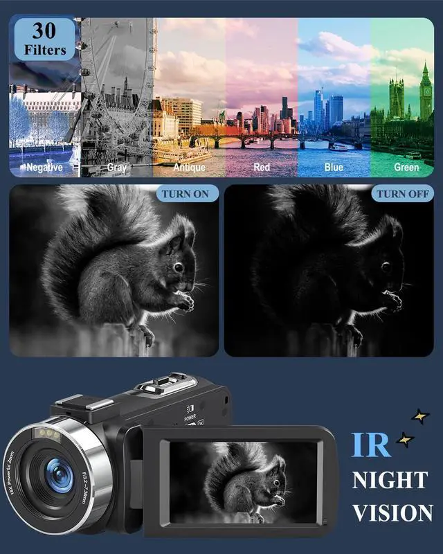 Alt view image 4 of 7 - Camcorder Video Camera 4K 80MP for Vlogging YouTube Webcam | 18X Digital Zoom,IR Night Vision,3.0" IPS Screen,Video Recorder Remote Control,32GB SD Card,Handheld Stabilizer,Microphone