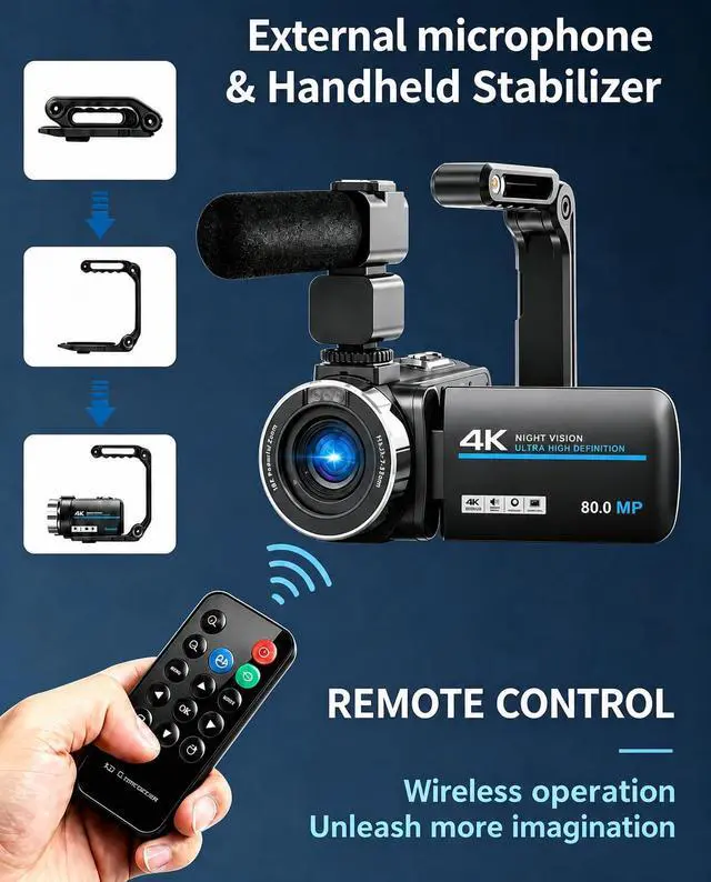 Alt view image 6 of 7 - Camcorder Video Camera 4K 80MP for Vlogging YouTube Webcam | 18X Digital Zoom,IR Night Vision,3.0" IPS Screen,Video Recorder Remote Control,32GB SD Card,Handheld Stabilizer,Microphone