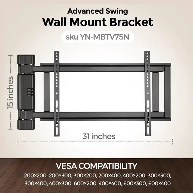 Alt view image 2 of 7 - Swing Wall Mount Bracket for 32-75" TVs, Hinged, Pack of 1 | Hinged bracket manually swings open up to 180 degrees with one finger for easy TV service, Max 110 lbs, Max Vesa 600x400