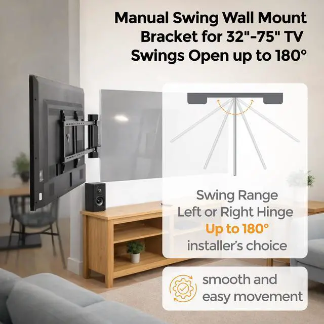 Alt view image 5 of 7 - Swing Wall Mount Bracket for 32-75" TVs, Hinged, Pack of 1 | Hinged bracket manually swings open up to 180 degrees with one finger for easy TV service, Max 110 lbs, Max Vesa 600x400