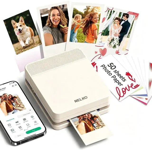 Main image of Portable Photo Printer, PP03 Color Mini Instant Photo Printer, Beige | Premium Prints, Color Instant Inkjet Printer with 50 Sheets of Photo Paper, Bluetooth, for Party, Family, Travel, DIY