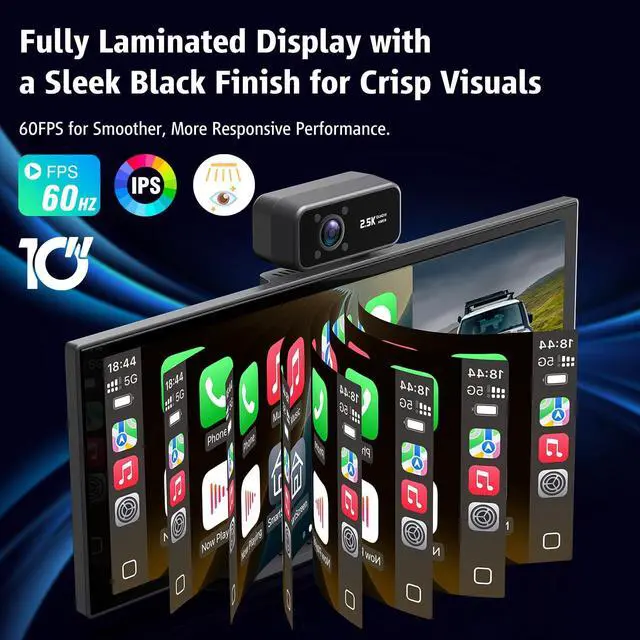 Alt view image 2 of 7 - Portable Wireless CarPlay Screen, 10.26" Fully Laminated IPS Touch Screen Car Stereo with Wireless CarPlay & Android Auto, 4K Front 2.5K Rear Dash Cam,1080P Backup Camera,Super Link,Plug & Play