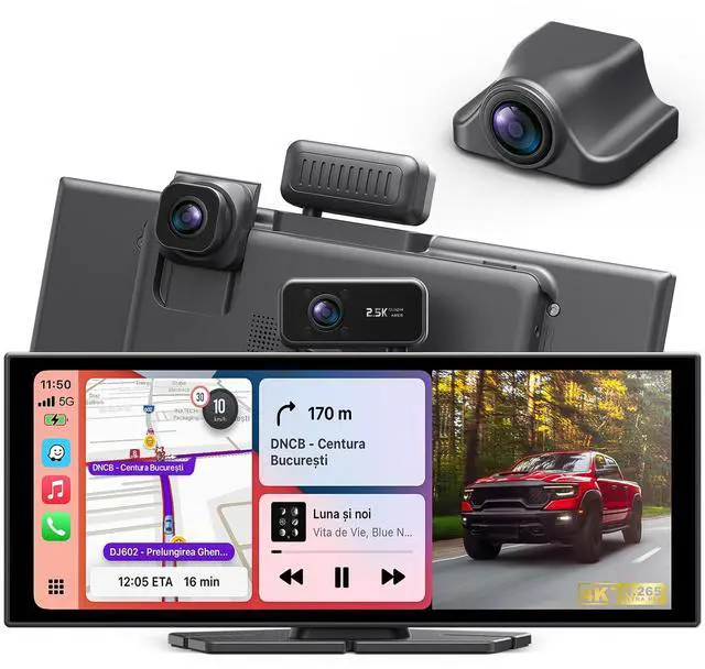 Main image of Portable Wireless CarPlay Screen, 10.26" Fully Laminated IPS Touch Screen Car Stereo with Wireless CarPlay & Android Auto, 4K Front 2.5K Rear Dash Cam,1080P Backup Camera,Super Link,Plug & Play