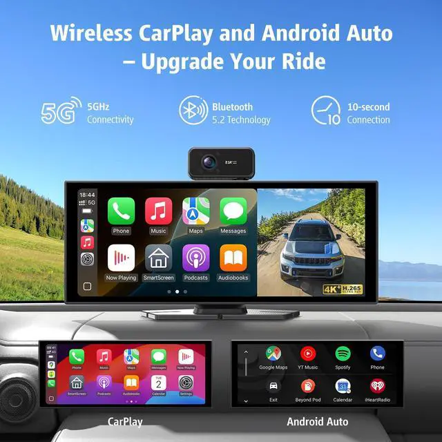 Alt view image 4 of 7 - Portable Wireless CarPlay Screen, 10.26" Fully Laminated IPS Touch Screen Car Stereo with Wireless CarPlay & Android Auto, 4K Front 2.5K Rear Dash Cam,1080P Backup Camera,Super Link,Plug & Play