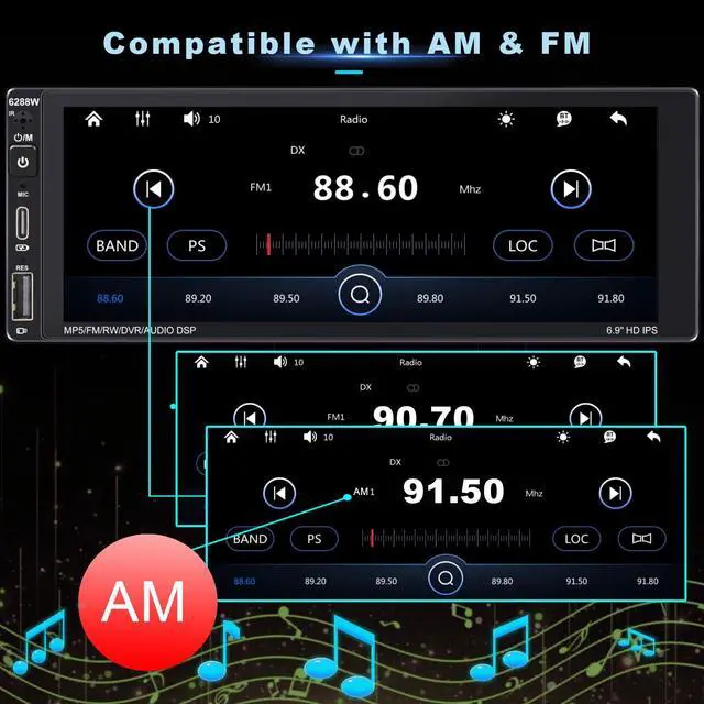Alt view image 6 of 7 - 6.9'' Wireless Single Din Car Stereo with Apple Carplay | IPS Touch Screen Car Radio with Bluetooth,Backup Camera,FM/AM Car Radio,Car play Android Auto,AUX\TF,Type-C,USB