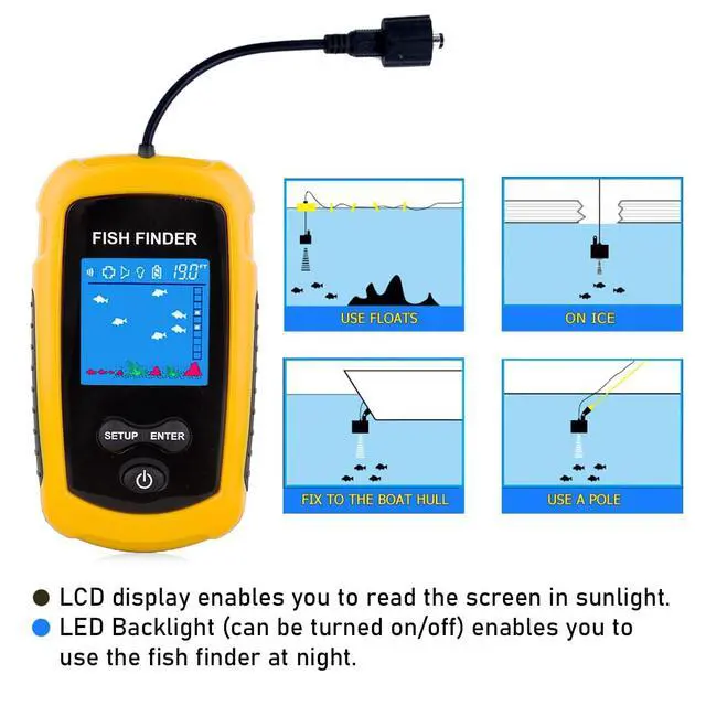 Alt view image 3 of 6 - Portable Wired Fish Finder Ice Kayak Fishing Gear Water Depth Finder Handheld Fishfinder LCD Display Sonar Transducer