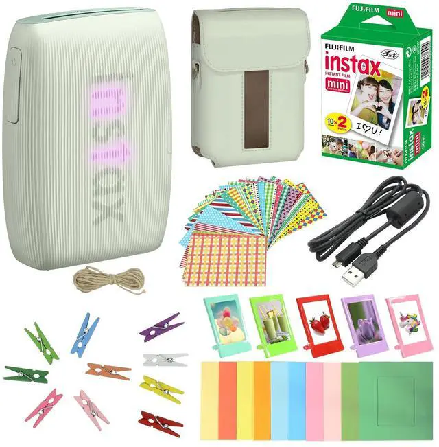 Main image of Bundle with Compatible Fuji Mini Link 3 Smartphone Printer Clay White + Fuji Film Value Pack 20 Sheets Accessories Bundle with Album + 5 Plastic Desk Frames + Paper & Sticker Frames (Sage Green)