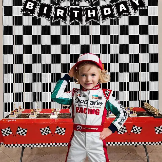 Alt view image 2 of 6 - Race Car Birthday Party Streamers Backdrops Decorations, 2 Pcs Checkered Black White Foil Fringe Curtain Racing Photo Booth Props for Racing Cars One Happy Dude Party Decor Supplies