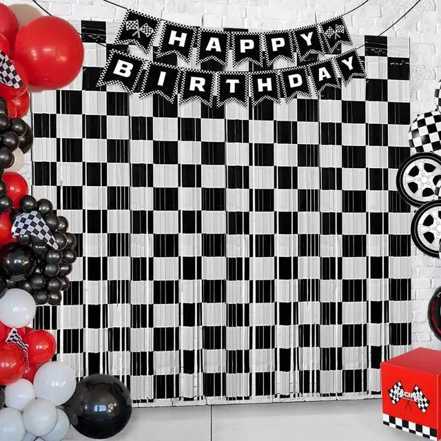 Main image of Race Car Birthday Party Streamers Backdrops Decorations, 2 Pcs Checkered Black White Foil Fringe Curtain Racing Photo Booth Props for Racing Cars One Happy Dude Party Decor Supplies
