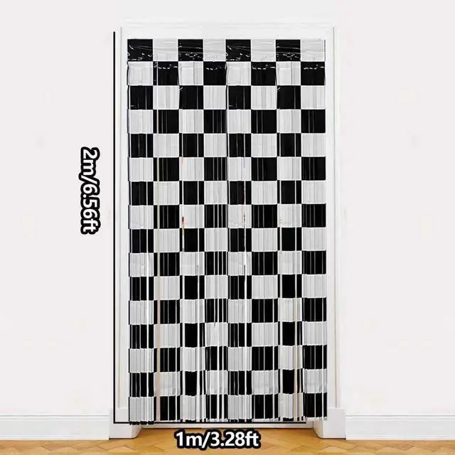 Alt view image 3 of 6 - Race Car Birthday Party Streamers Backdrops Decorations, 2 Pcs Checkered Black White Foil Fringe Curtain Racing Photo Booth Props for Racing Cars One Happy Dude Party Decor Supplies