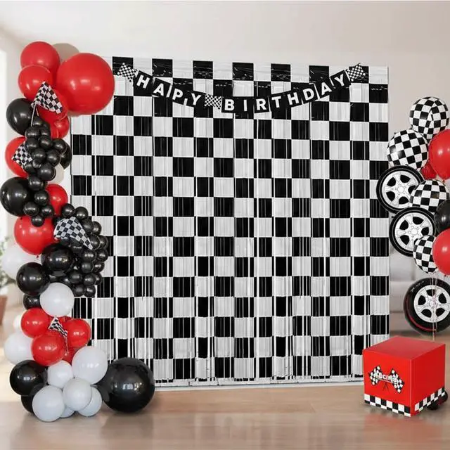 Alt view image 4 of 6 - Race Car Birthday Party Streamers Backdrops Decorations, 2 Pcs Checkered Black White Foil Fringe Curtain Racing Photo Booth Props for Racing Cars One Happy Dude Party Decor Supplies