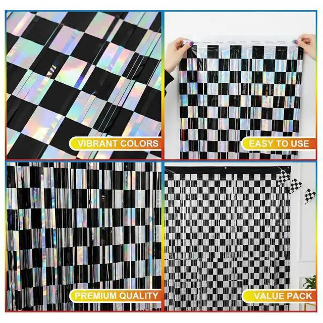 Alt view image 6 of 6 - Race Car Birthday Party Streamers Backdrops Decorations, 2 Pcs Checkered Black White Foil Fringe Curtain Racing Photo Booth Props for Racing Cars One Happy Dude Party Decor Supplies