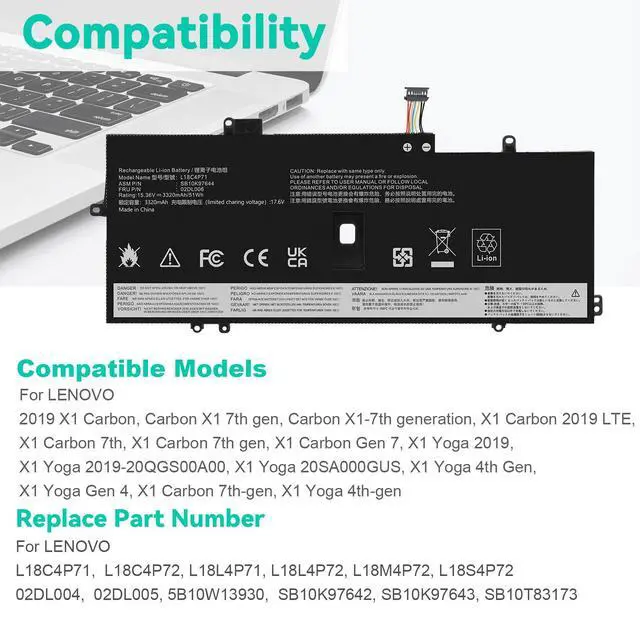 Alt view image 2 of 5 - L18C4P71 Laptop Battery Compatible with Lenovo ThinkPad X1 Yoga 4th Gen / X1 Carbon 7th Gen 2019 8th Gen 2020 Series L18L4P71 L18M4P72 02DL005 02DL006 02DL004 SB10K97643 SB10K97642 SB10K97644