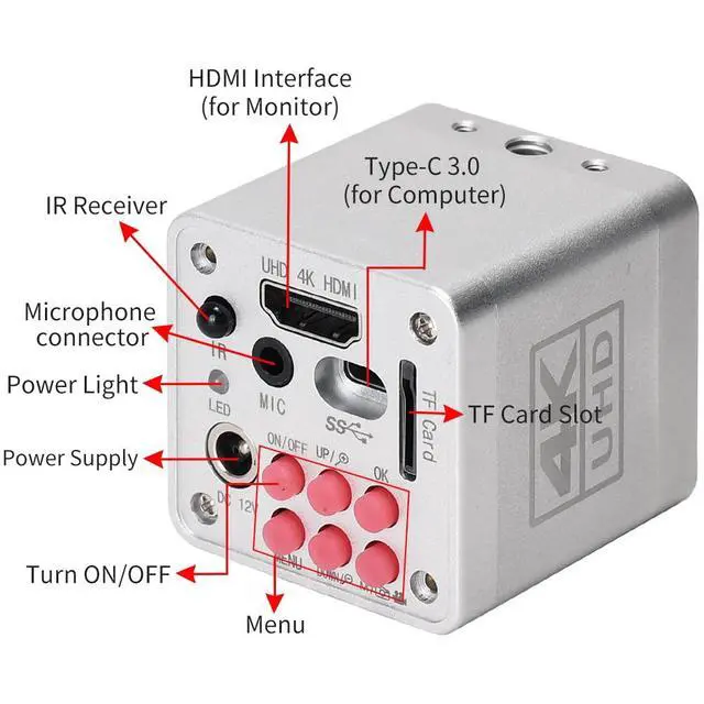 Alt view image 3 of 7 - 4K Digital Microscope Camera with IMX334 Sensor, 41MP, USB Type C, HDMI, Multicolor, 1/125 High Speed Exposure Time for PCB Repair