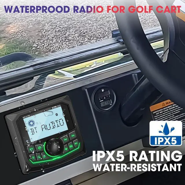 Alt view image 2 of 6 - Waterproof Bluetooth Radio for Golf Cart: Boat Marine Gauge Stereo - 2.8 Inch LCD Display AM FM USB AUX Subwoofer 200W Output - Gift for Golfer