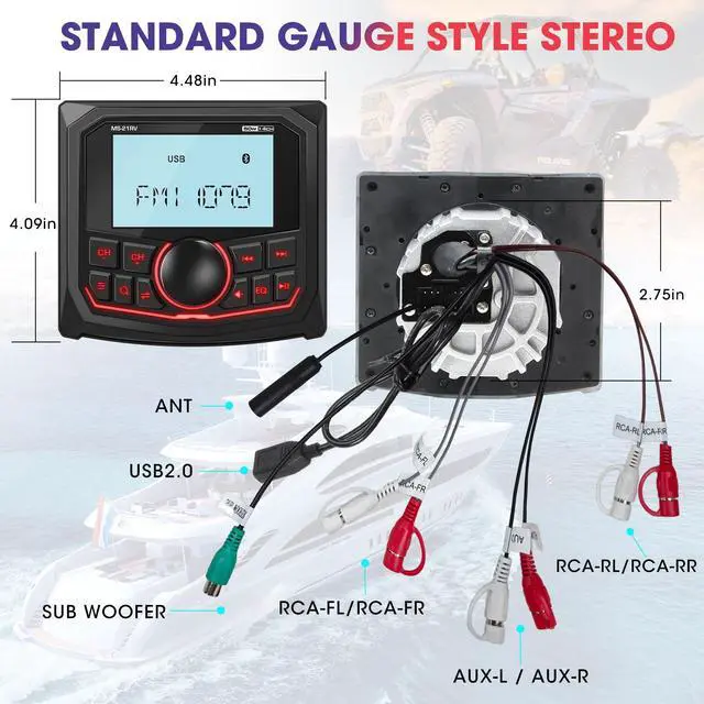 Alt view image 6 of 6 - Waterproof Bluetooth Radio for Golf Cart: Boat Marine Gauge Stereo - 2.8 Inch LCD Display AM FM USB AUX Subwoofer 200W Output - Gift for Golfer
