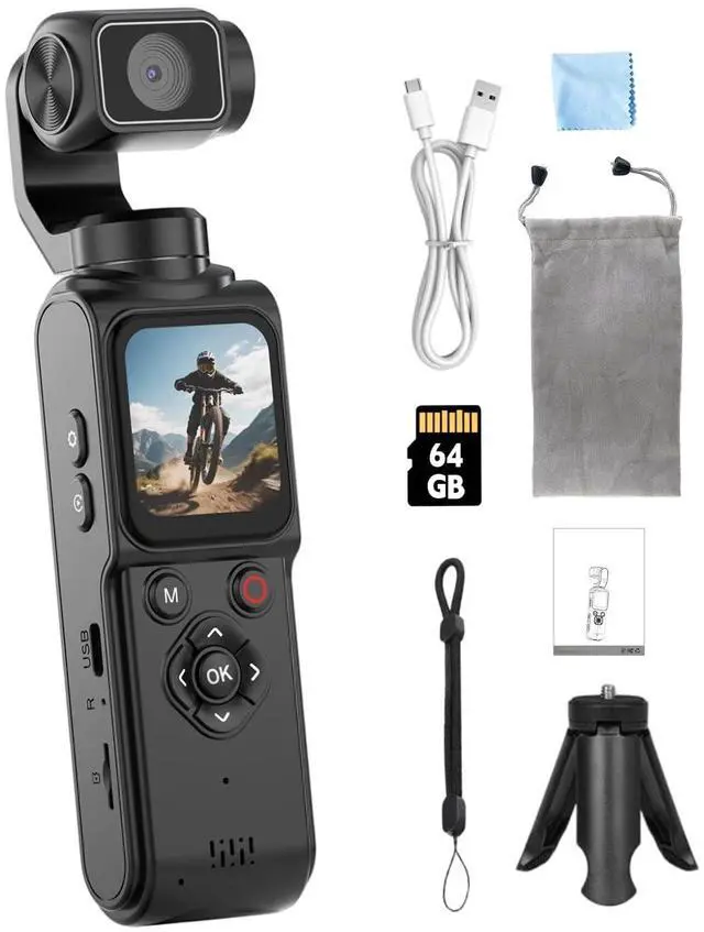 Main image of 4K Vlogging Camera with 330° Rotating Lens & Face Tracking, 65MP Pocket Camera with WiFi, 6-Axis Stabilization, Touch Screen, 64GB TF Card & Tripod, Handheld POV Cam for YouTube TikTok Travel