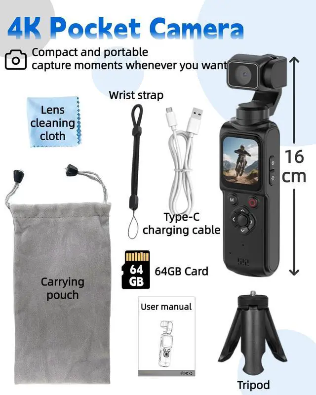 Alt view image 2 of 7 - 4K Vlogging Camera with 330° Rotating Lens & Face Tracking, 65MP Pocket Camera with WiFi, 6-Axis Stabilization, Touch Screen, 64GB TF Card & Tripod, Handheld POV Cam for YouTube TikTok Travel