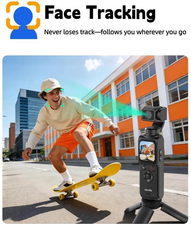 Alt view image 4 of 7 - 4K Vlogging Camera with 330° Rotating Lens & Face Tracking, 65MP Pocket Camera with WiFi, 6-Axis Stabilization, Touch Screen, 64GB TF Card & Tripod, Handheld POV Cam for YouTube TikTok Travel