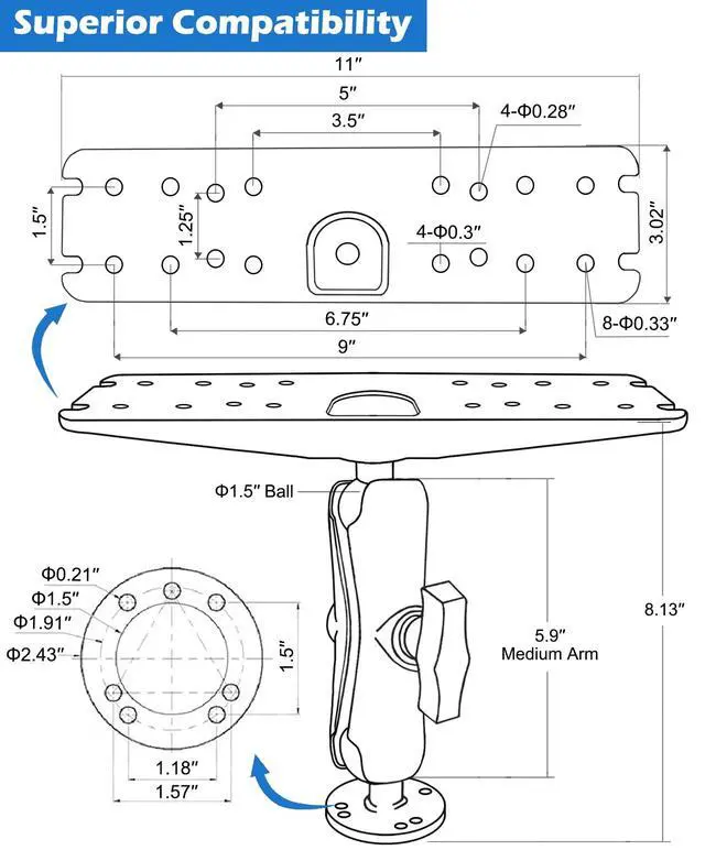 Alt view image 7 of 7 - 1.5" Ball Fish Finder Mount for 9" to 12" Large Fishfinder, Marine Electronic Depth Finder Mount with C Size Ball, Compatible with Garmin, Lowrance, Humminbird and More