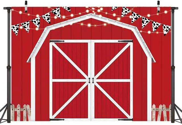 Main image of Red Barn Door Wooden Farmhouse Backdrop 7×5FT | Red Barn Door Photography Backdrop Rustic Country Scene Farm Party Decoration Photo Props