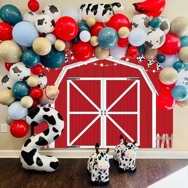 Alt view image 2 of 6 - Red Barn Door Wooden Farmhouse Backdrop 7×5FT | Red Barn Door Photography Backdrop Rustic Country Scene Farm Party Decoration Photo Props
