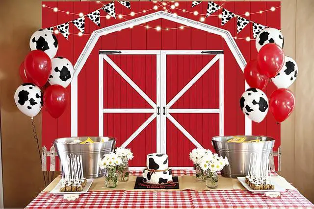 Alt view image 4 of 6 - Red Barn Door Wooden Farmhouse Backdrop 7×5FT | Red Barn Door Photography Backdrop Rustic Country Scene Farm Party Decoration Photo Props