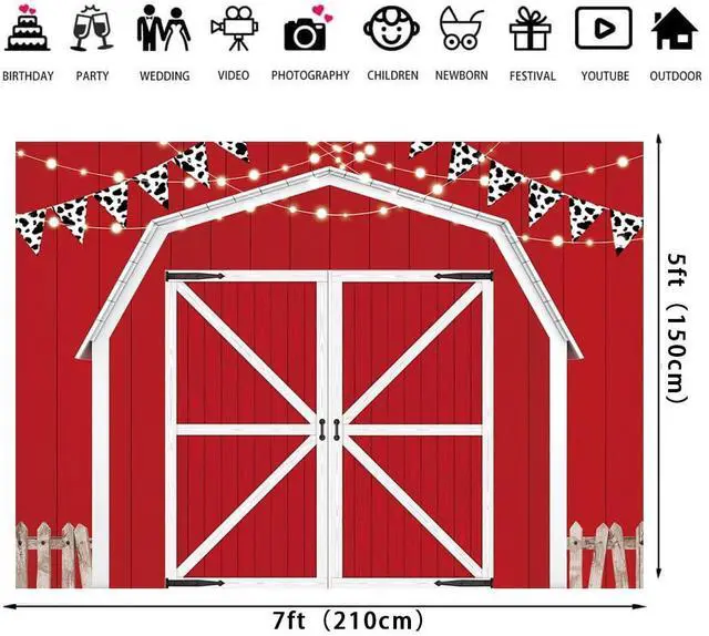 Alt view image 6 of 6 - Red Barn Door Wooden Farmhouse Backdrop 7×5FT | Red Barn Door Photography Backdrop Rustic Country Scene Farm Party Decoration Photo Props
