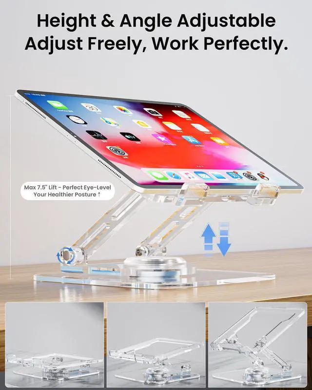 Alt view image 4 of 7 - Laptop Stand for Desk - Adjustable, Foldable Clear Acrylic Riser with 360° Rotating Base, Ergonomic Laptop Holder for MacBook Pro/Air & 10-16 Notebooks