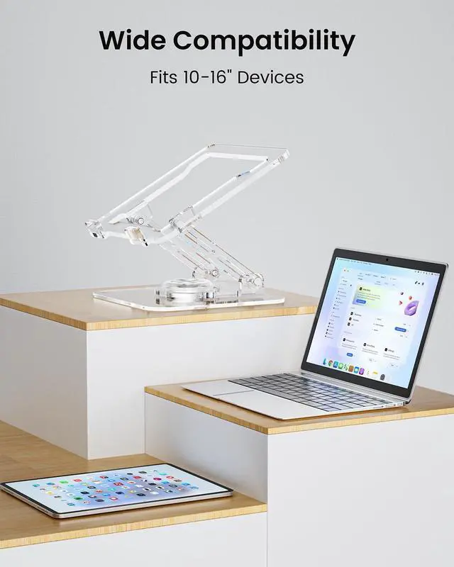 Alt view image 7 of 7 - Laptop Stand for Desk - Adjustable, Foldable Clear Acrylic Riser with 360° Rotating Base, Ergonomic Laptop Holder for MacBook Pro/Air & 10-16 Notebooks