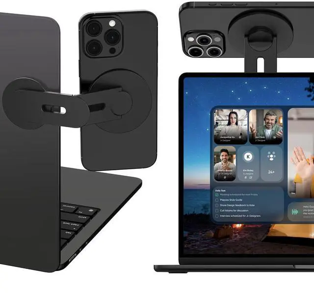Main image of Magnetic Phone Holder for Laptop, 360° Adjustable MacBook Monitor Side Mount for iPhone 17 Pro Max/16/15/14/13/12 MagSafe for Tesla, Portable Foldable Cell Phone Holder Accessory, Black